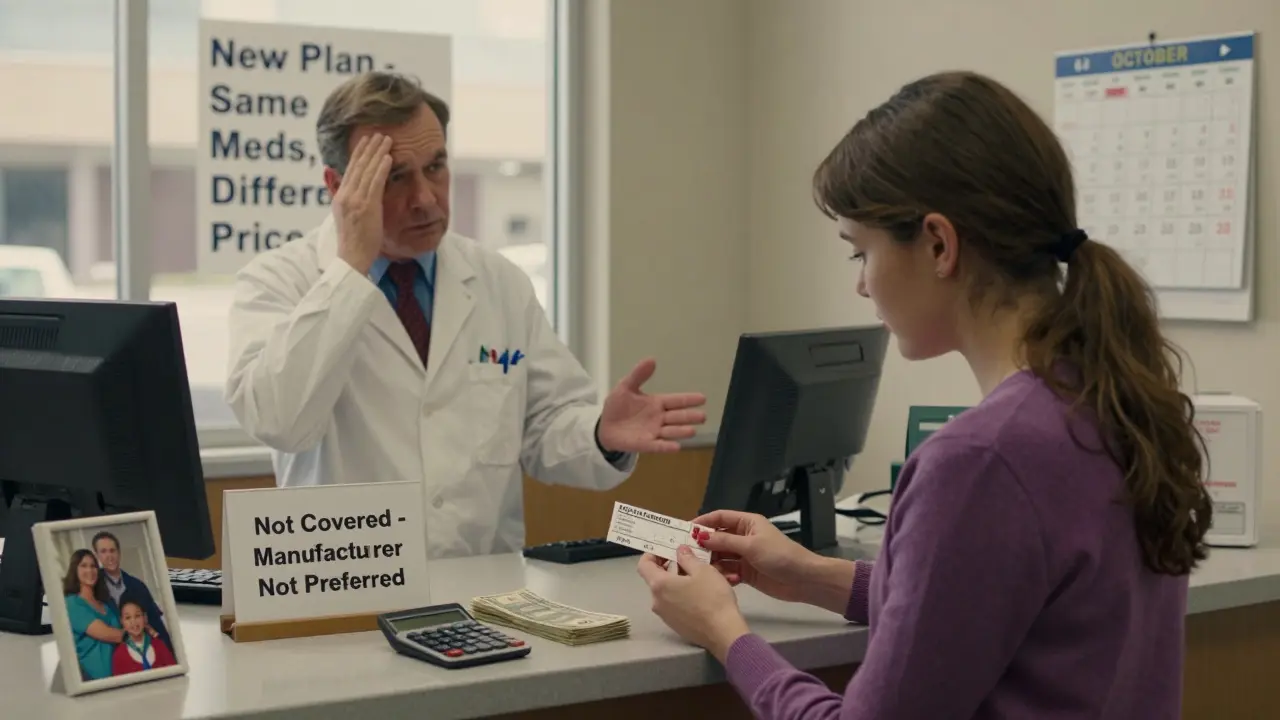 A woman at a pharmacy learns her generic drug isn't covered due to manufacturer, with bills and calculator on the counter.
