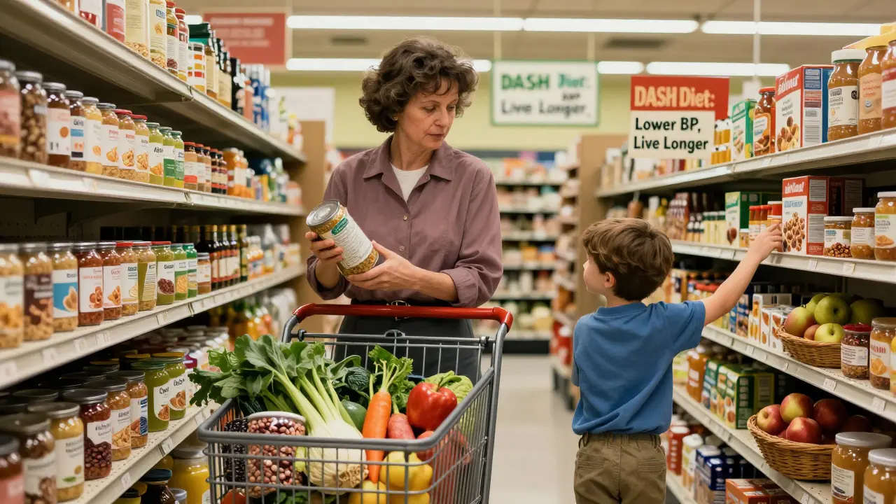 A woman selects healthy groceries in a store, guiding her child away from sugary cereal toward apples, in a nostalgic setting.
