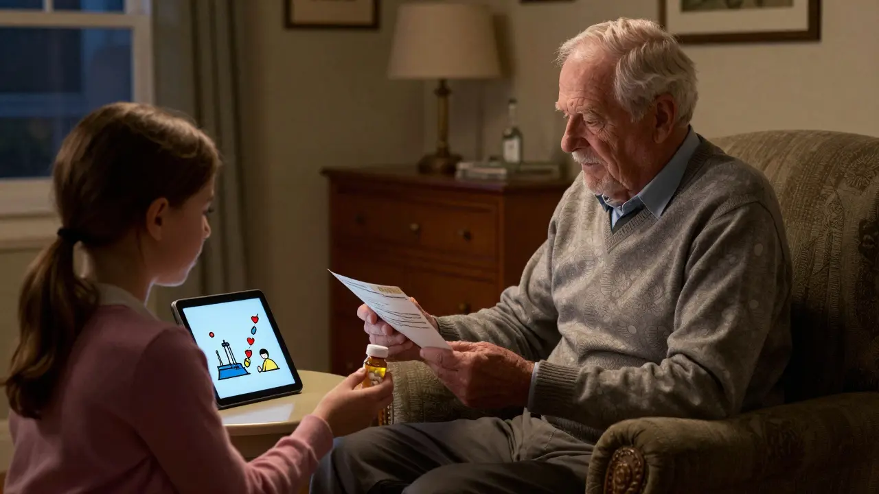 An elderly man receives a pill bottle from his daughter at home, with a tablet showing a secure supply chain journey glowing softly on the table.