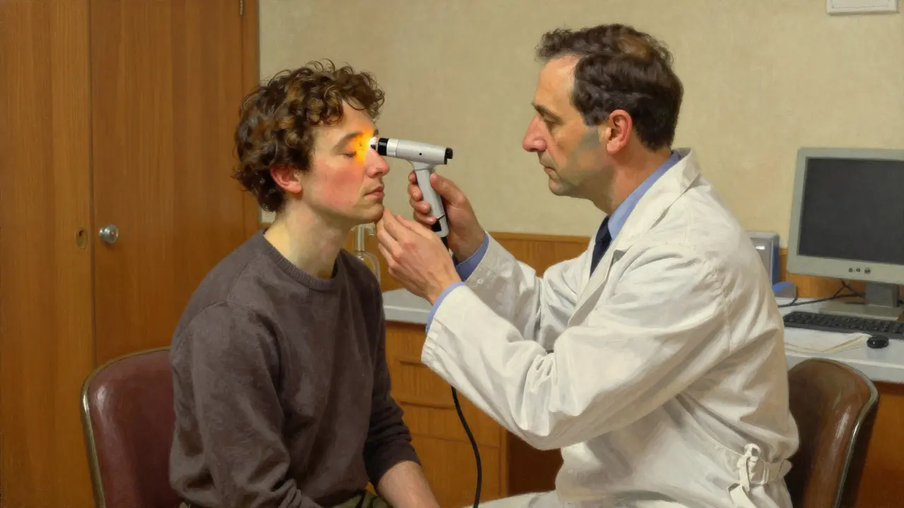Doctor examining eyelid with thermal device