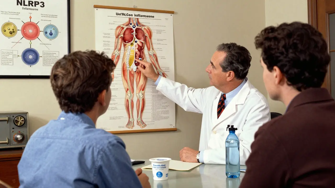Doctor explaining uric acid crystals to a patient using an anatomical chart in a cozy office setting.