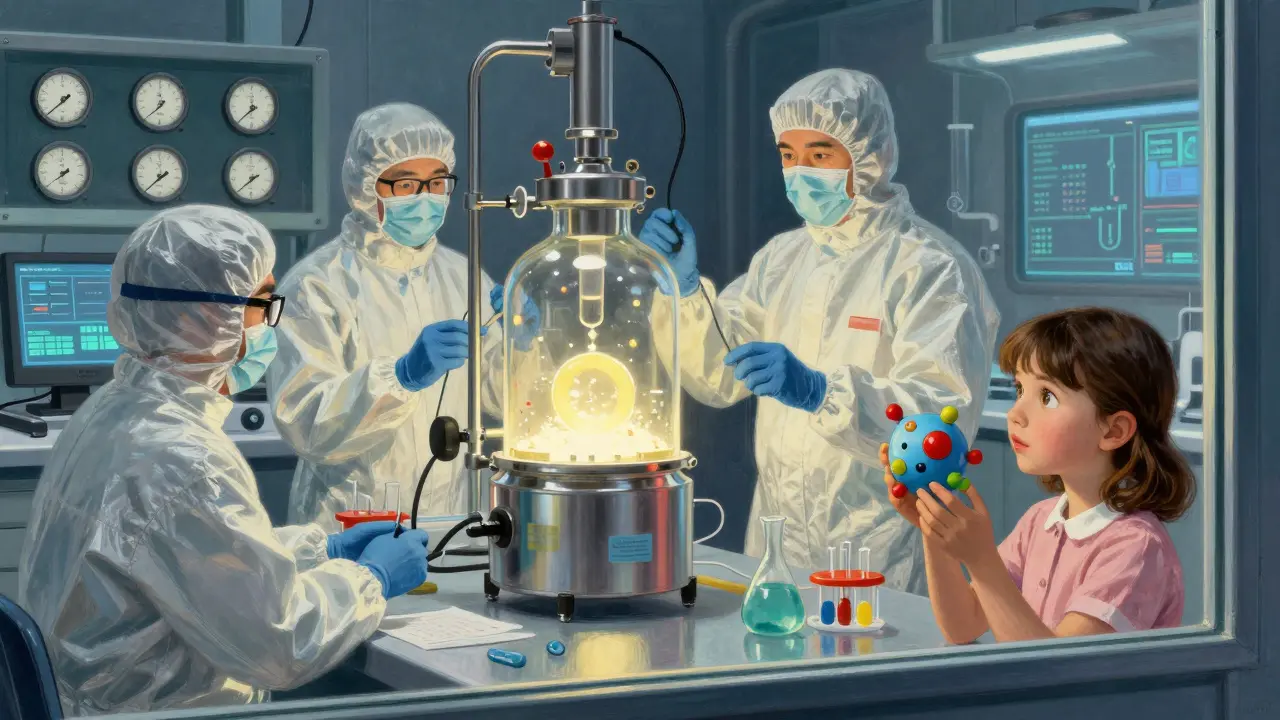 Engineers monitor biologics production as a child watches in awe, symbolizing the future of biological medicine.