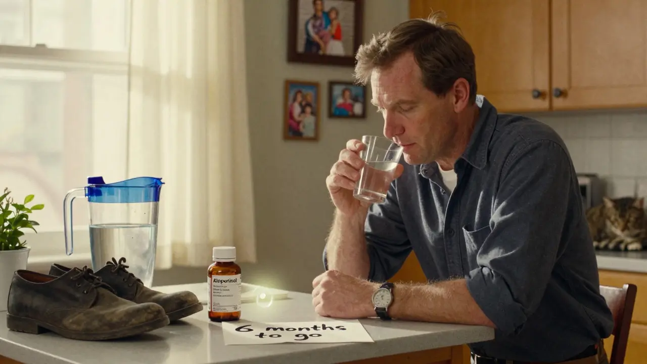 Man taking daily medication at home, with pill bottles, water pitcher, and handwritten note on counter.