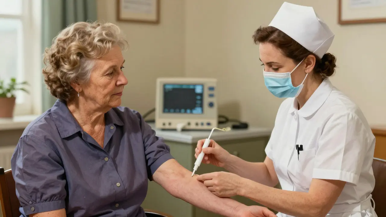 Nurse checking blood sample from patient finger during visit