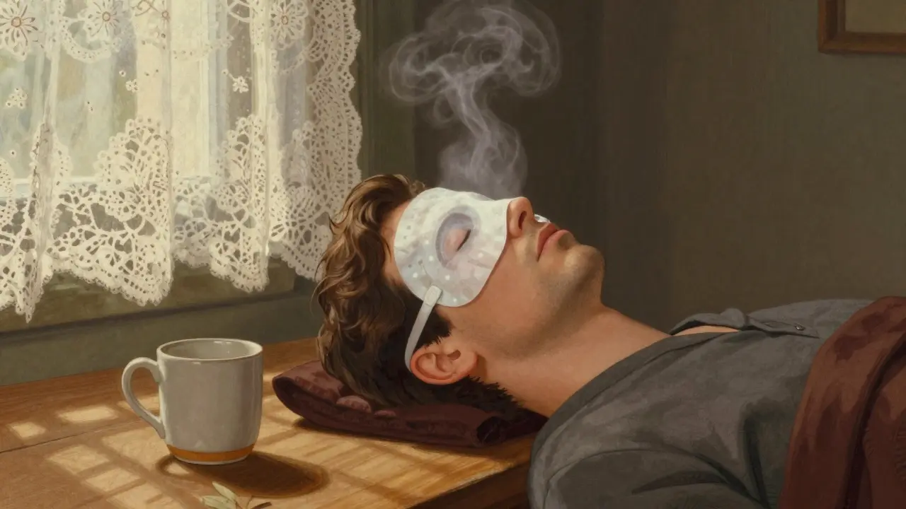 Person using warm heating eye mask at home