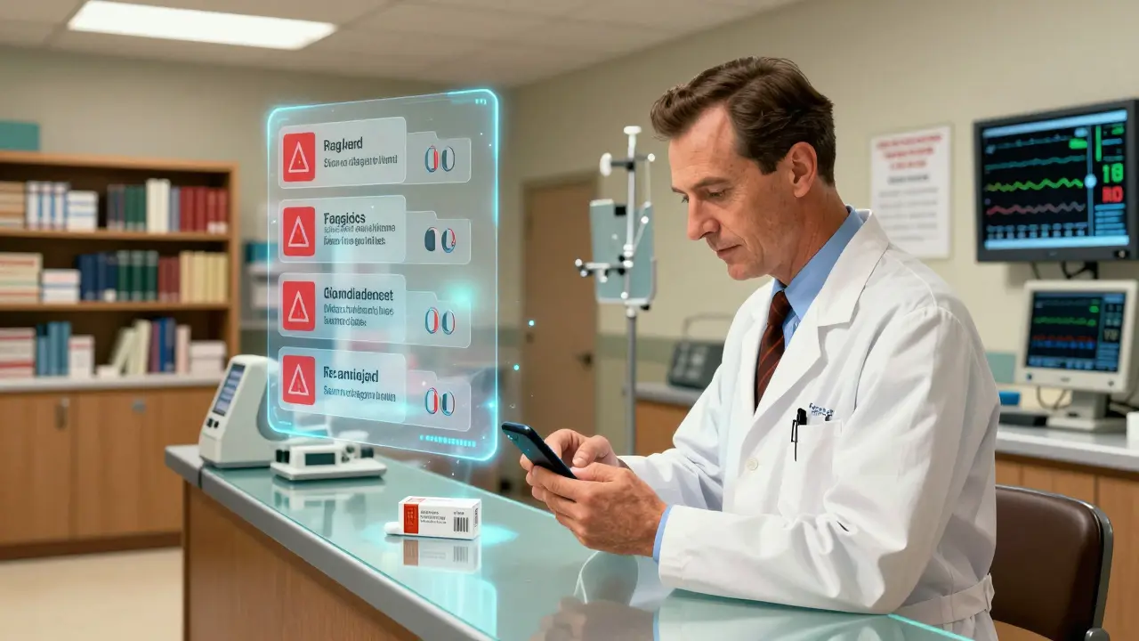 Pharmacist scans pills with clinical app displaying safety warnings