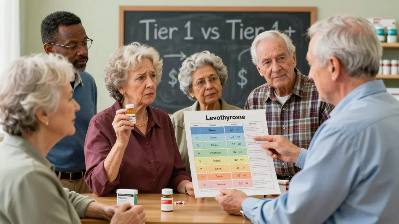 Seniors in a community center learn about drug tiers from a pharmacist, with a chalkboard showing Tier 1 vs Tier 1+.