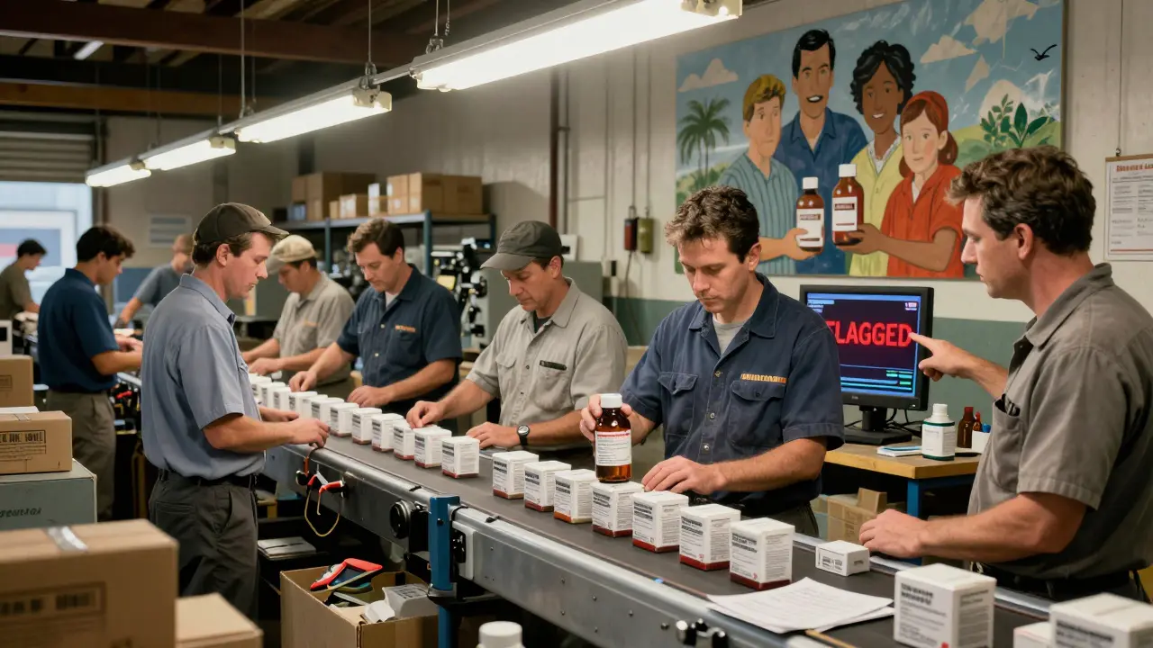 Warehouse workers inspect serialized drug packages under bright lights, with one flagging a suspicious bottle and a mural of a family on the wall.