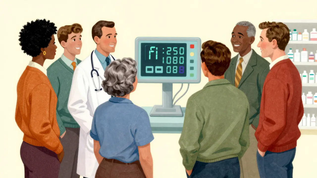 A doctor, pharmacist, and patient together in a hopeful, supportive group.