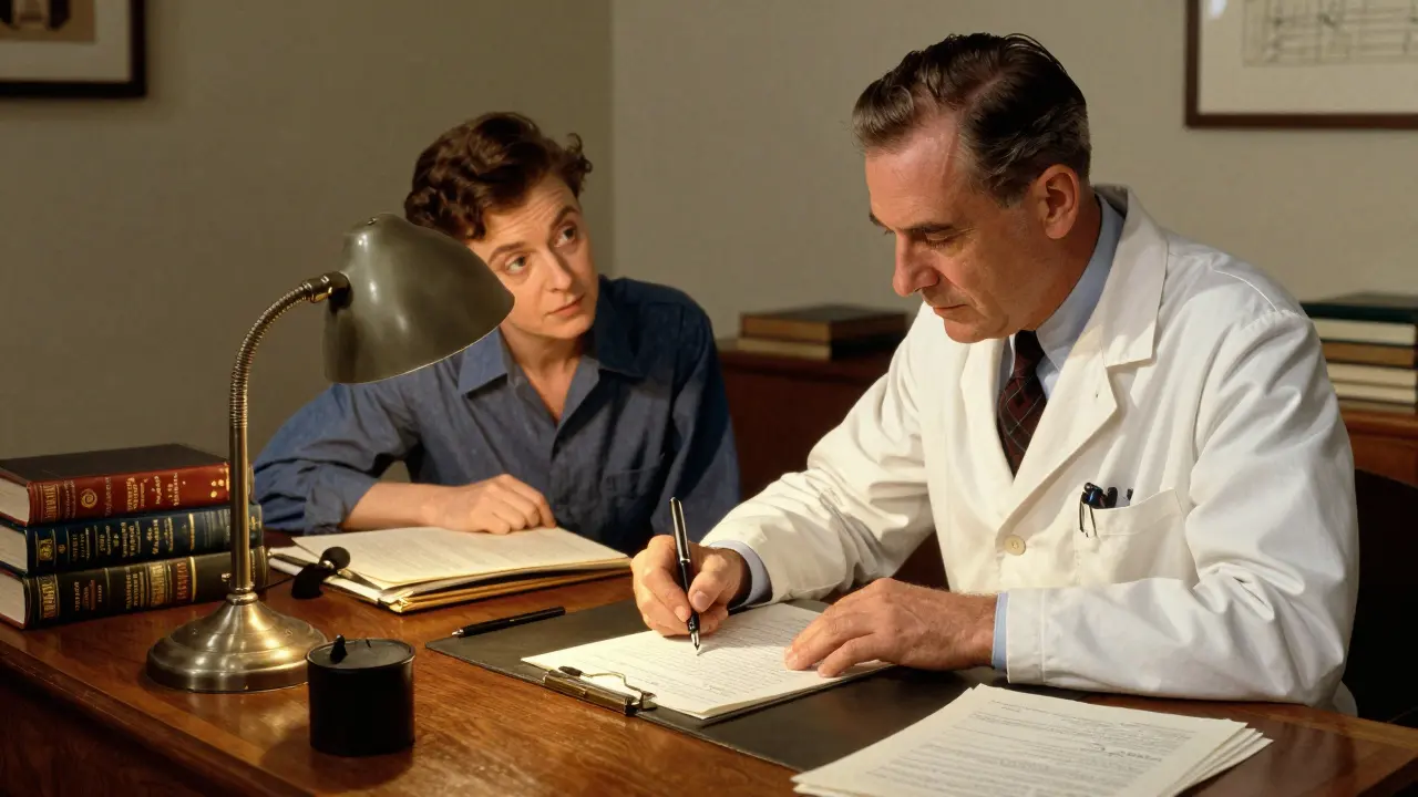 A doctor writing a medical justification letter for a patient in a classic office