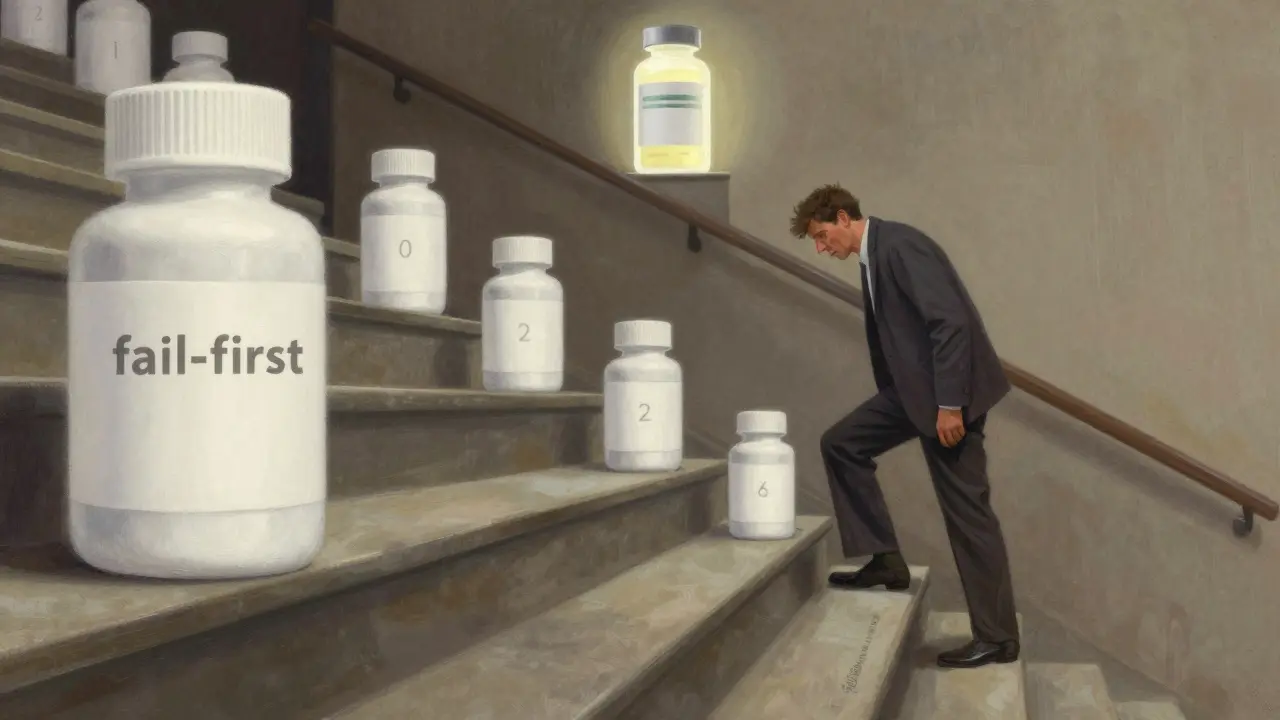 A man climbing giant stairs with generic medicine bottles to reach a specialty drug