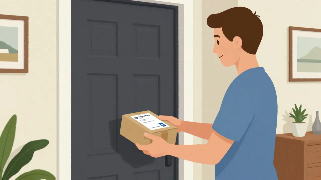 A person happily receiving a medication delivery at their front door.