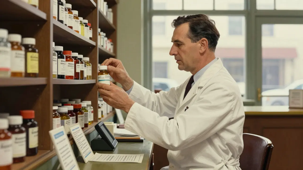 A professional pharmacist carefully organizing medications in a classic pharmacy.