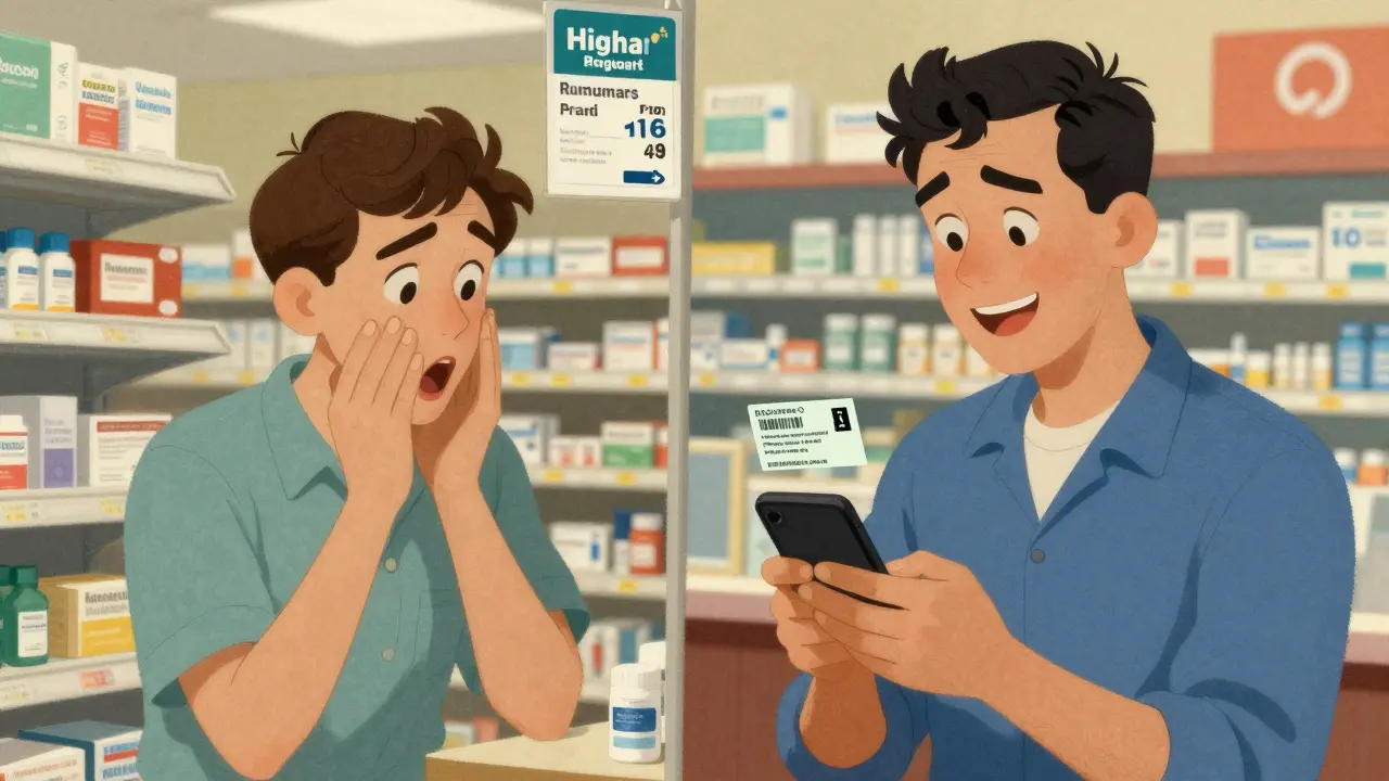 Comparison of a person feeling stressed by high prices versus happy with a discount.