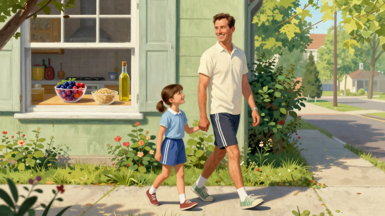 Father and daughter walking together with healthy food visible in the background
