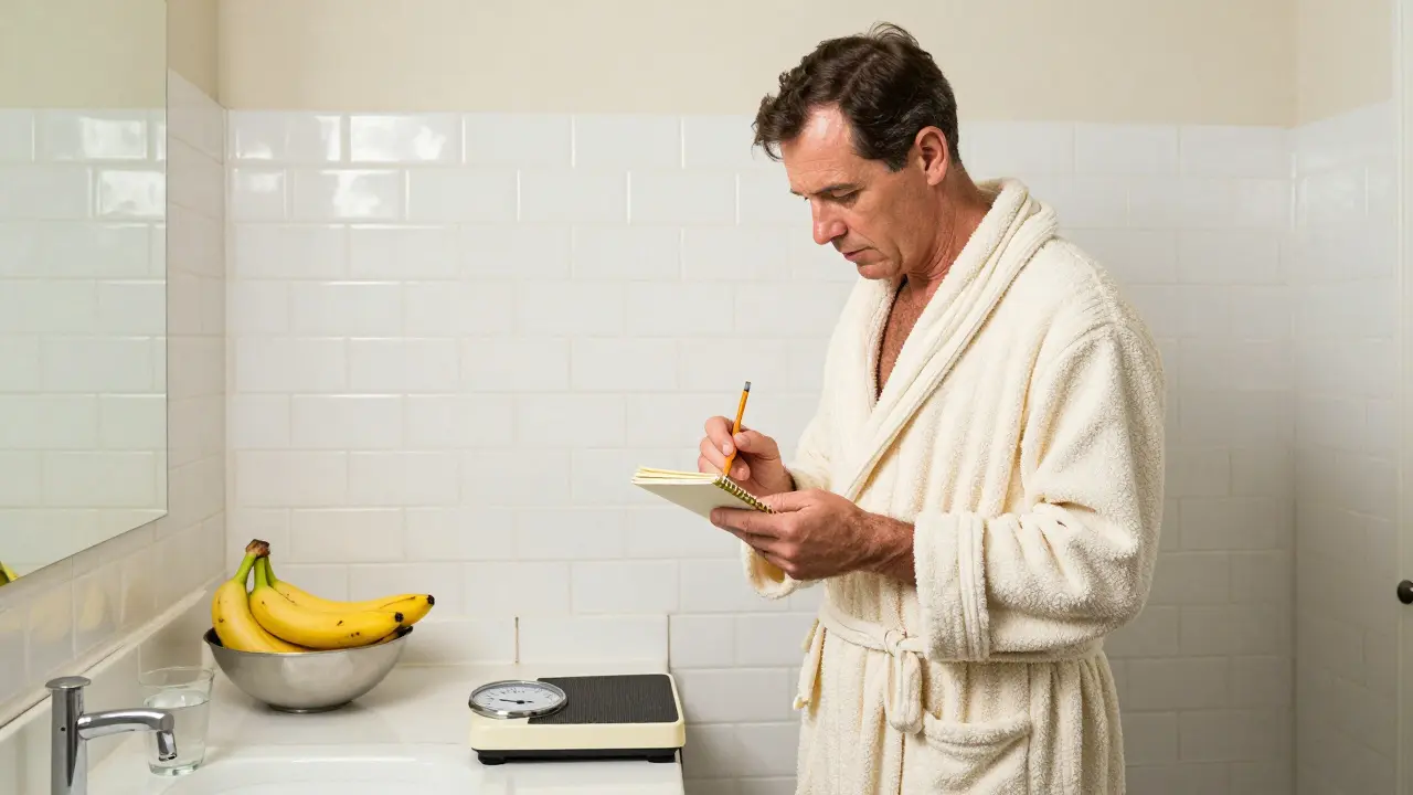 Man recording his weight on an analog scale in a vintage bathroom.