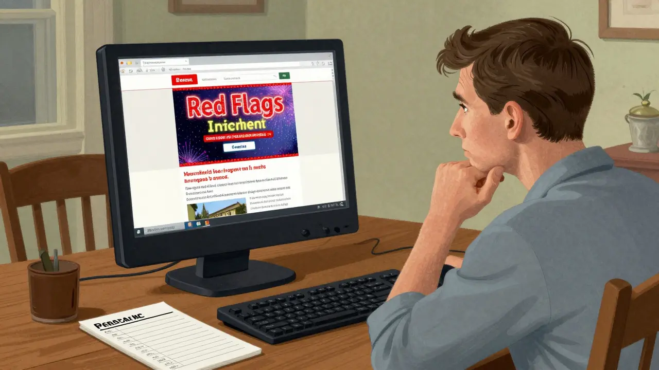 Person looking skeptically at a suspicious pharmacy website on a computer