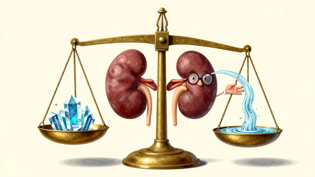 Personified kidney as an accountant balancing electrolytes on a brass scale.